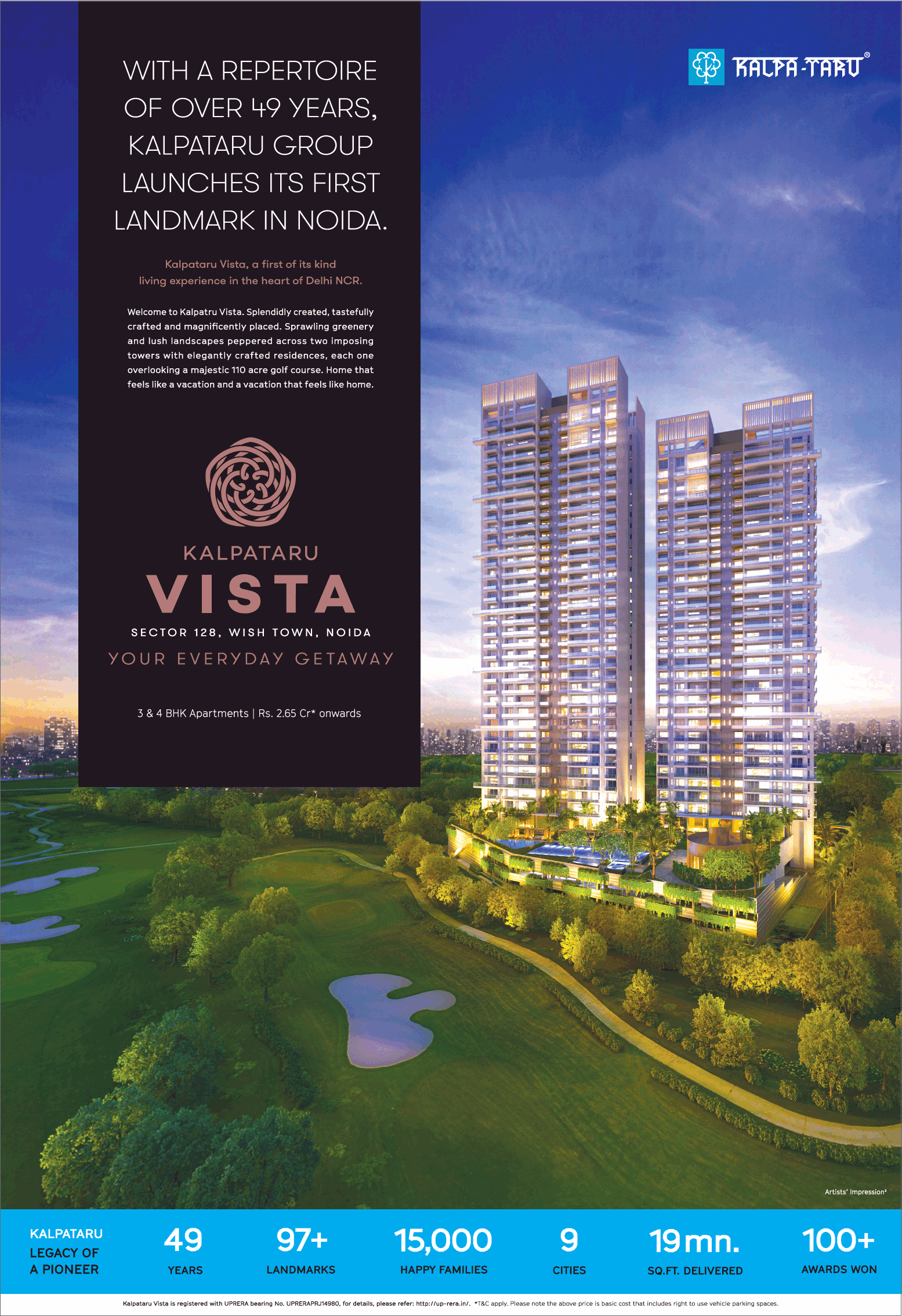 Book 3 & 4 bhk apartments at Rs 2.65 Cr. at Kalpataru Vista in Noida
